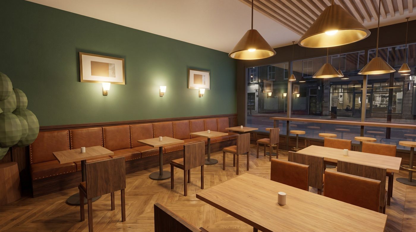 Leather banquette seating with timber tables and conical brass pendants in the evening