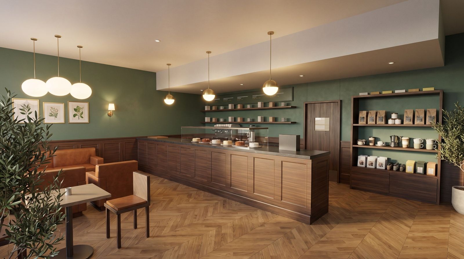 Cafe interior with sage walls, a walnut front counter, retail shelving and brass pendant lights