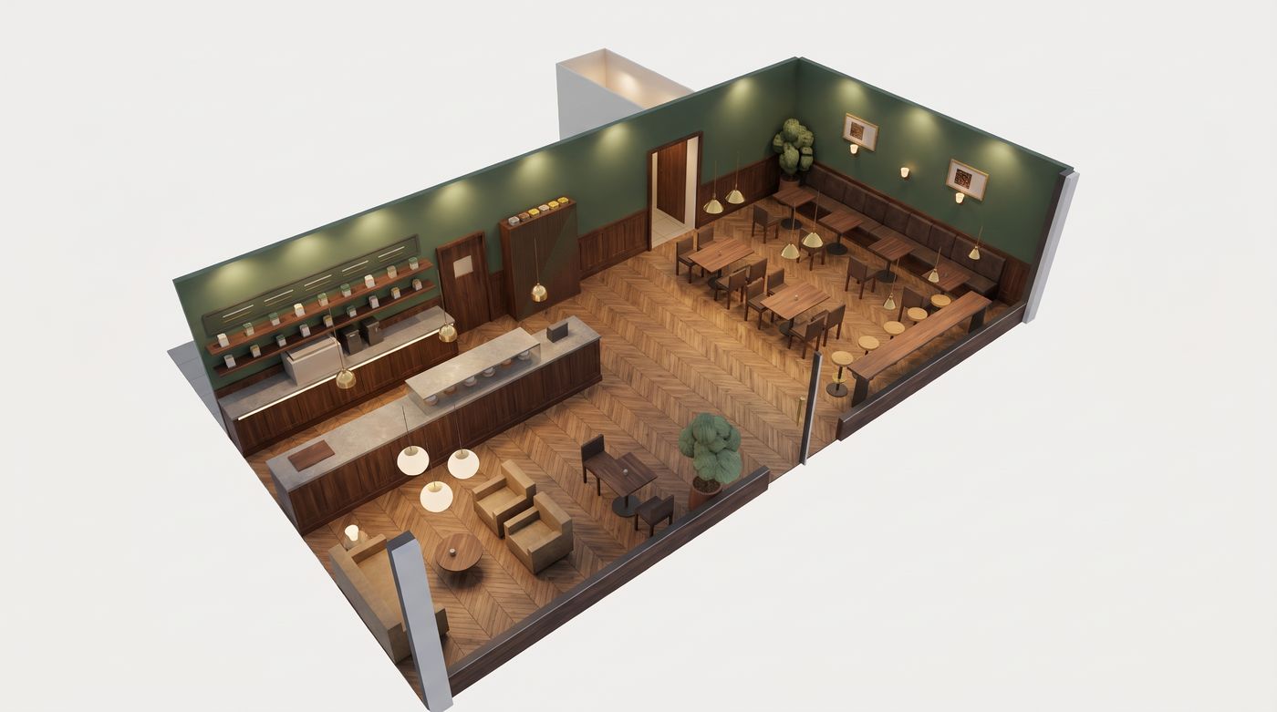 Three-dimensional cutaway of the whole cafe floor showing the counter, lounge and seating
