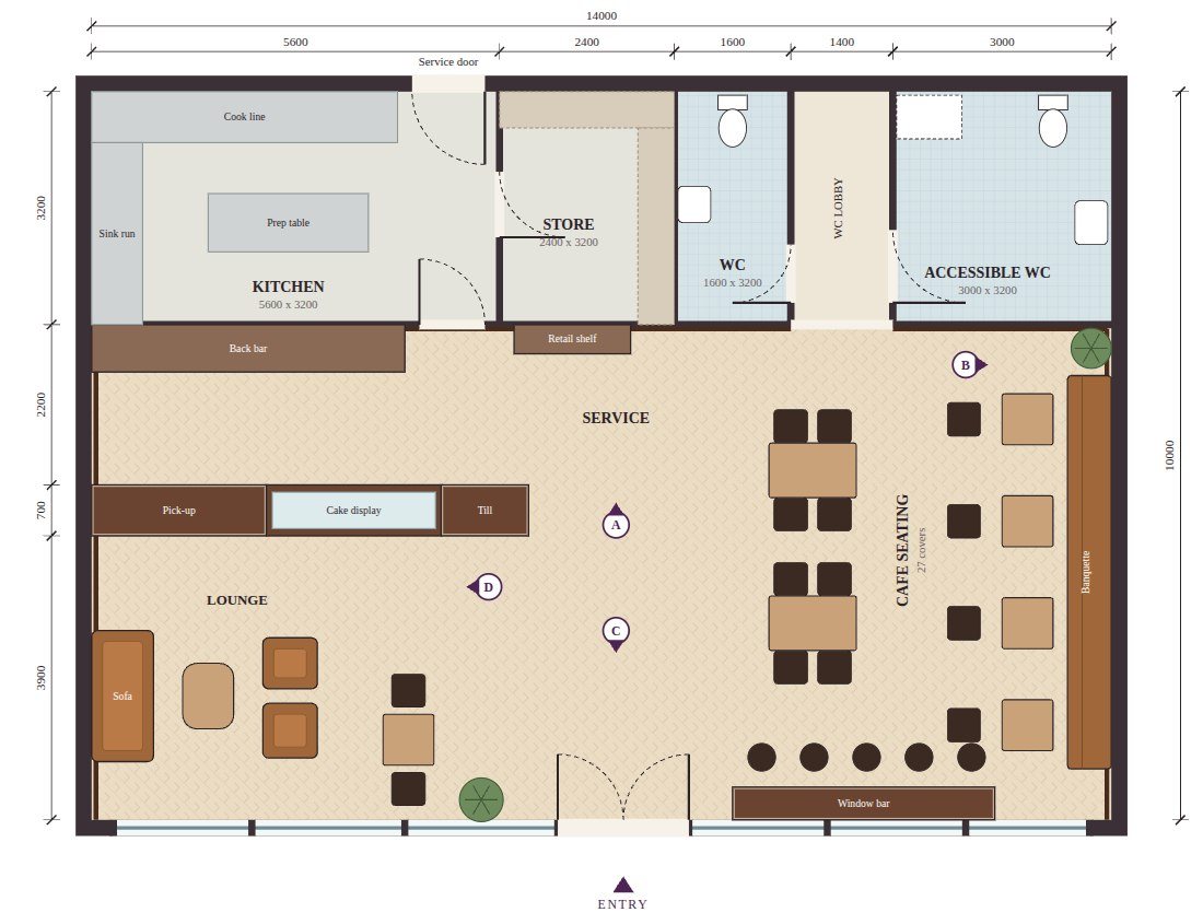 Cafe floor plan with kitchen, store, toilets, service counter, lounge and seating