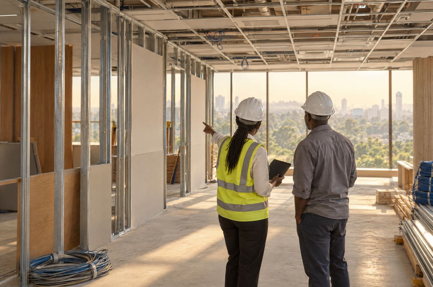 A project manager with a tablet walking an office fit-out site with the site foreman, partitions half built