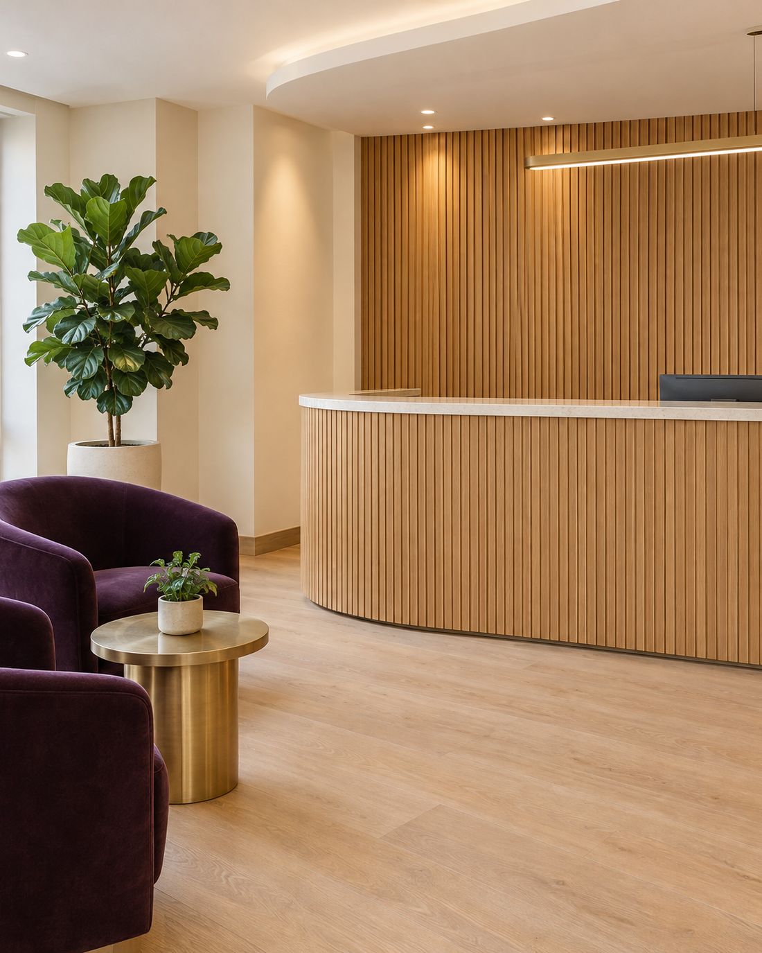 A finished office reception with a curved oak desk, plum velvet chairs and plants